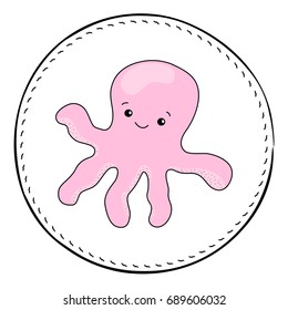 Octopus isolated on white background. .Cute pink octopus cartoon vector illustration. Underwater animal handdrawn patch. Aquatic animal drawing. Tropical sea animal clipart. Marine fauna character