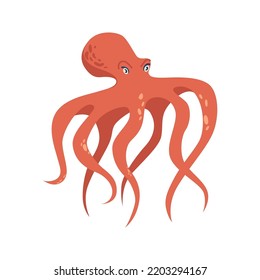 Octopus isolated underwater animal, isolated marine creature and water dweller. Cephalopod mollusk with eight sucker-bearing arms. Vector in flat cartoon style