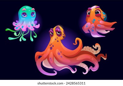 Zeichentrickfiguren von Oktopus und Quallen. Vektor-Sammlung von niedlichen Unterwasser-, Ozean- oder Aquarientieren mit Tentakeln. Kinderschwimmen entzückende tropische Meeresbewohner mit lustigen Gesichtern