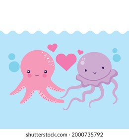 octopus and jellyfish loving into ocean. vector illustration