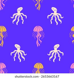 Polvo e água-viva padrão sem emenda. Mão desenhado Subaquático Animal e Vida do Mar Fundo com criaturas vibrantes. Repetir ilustração vetorial plana