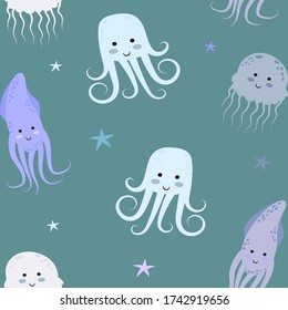 Octopus, jellyfish, squid. Cute cartoon sea animals. Seamless pattern for printing on fabric, paper. Flat vector illustration isolated on blue background.