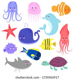 Octopus, jellyfish, squid, whale, dolphin, shark, turtle, puffer, clown fish, starfish. Cute cartoon sea animals. Icon set. Flat vector illustration isolated on white background.