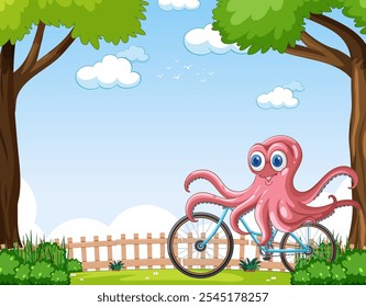 An octopus joyfully rides a bicycle outdoors