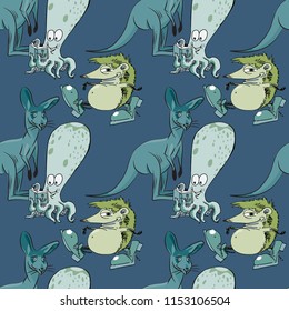 octopus, kangaroo and hedgehog seamless pattern