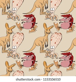 octopus, kangaroo and hedgehog seamless pattern