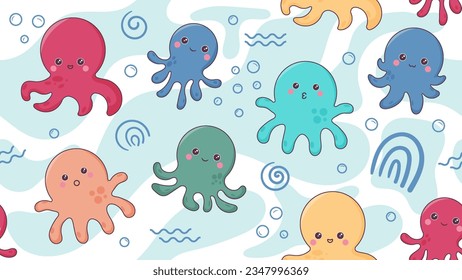 Octopus Kawaii Seamless Pattern in Doodle style. 
use for Fashion Print, Fabric Print, Wrapping paper, Wallpaper design etc