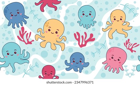 Octopus Kawaii Seamless Pattern in Doodle style. 
use for Fashion Print, Fabric Print, Wrapping paper, Wallpaper design etc