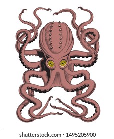 Octopus or Kraken hand drawing high-detailed vintage engraving vector illustration. 