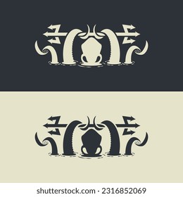 octopus or kraken holding lifting a trident in the sea or water logo design illustration