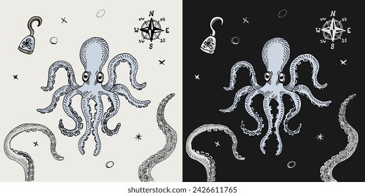 octopus kraken ink pen illustration retro old vintage vector illustration realistic sketch