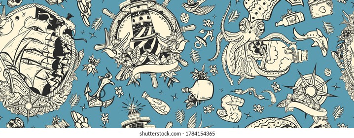 Octopus Kraken And Pirate Ship, Lighthouse, Compass And Anchor. Marine Background. Funny Underwater Monster. Sea Adventure Seamless Pattern 