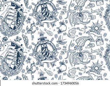 Octopus kraken and pirate ship. Sea seamless pattern. Lighthouse, compass and anchor. Marine background. Funny underwater monster 