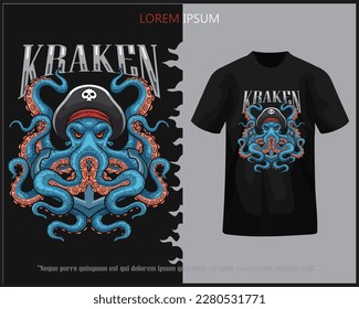 Octopus kraken pirates mascot isolated on black t-shirt