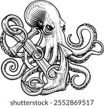 An octopus or kraken with tentacles wrapped round an anchor sailor tattoo style design illustration.