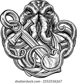 An octopus or kraken with tentacles wrapped round an anchor sailor tattoo style design illustration.