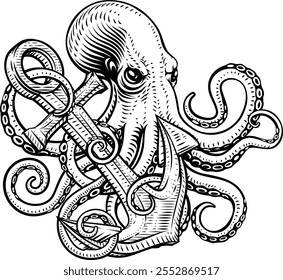 An octopus or kraken with tentacles wrapped round an anchor sailor tattoo style design illustration.