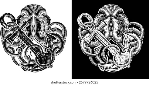 An octopus or kraken with tentacles wrapped round an anchor sailor tattoo style design illustration.