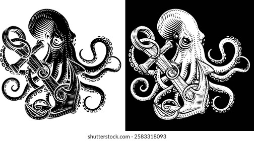 An octopus or kraken with tentacles wrapped round an anchor sailor tattoo style design illustration.