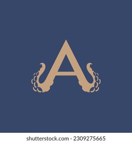 OCTOPUS LETTER A icon can be used for creating logos for businesses like Seafood Restaurants, Coast Terraces, Hotels and Spas, Resorts, and Seafood Eateries. 