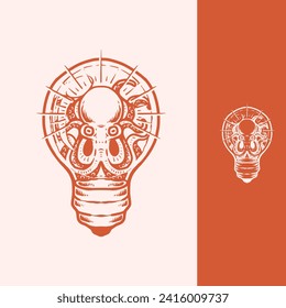 Octopus light in the bulb vintage hand drawn illustration for you bussiness logo with inovation and creative concept do using adobe illustrator