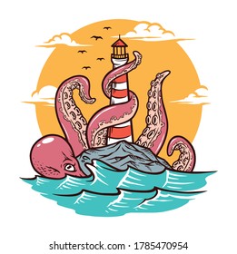 Octopus and lighthouse vector illustration