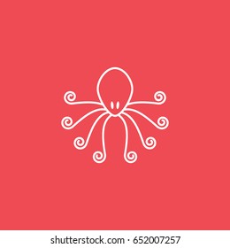 Octopus Line Icon On Red Background
