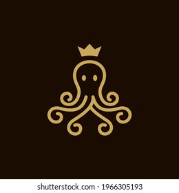 octopus line logo with golden crown icon logo design vector  