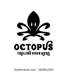 Octopus Logo Design With Black Flat Style. Animal Symbol And Icon With Retro Concept . Creative Character Monster Graphic. Silhouette Emblem and Label. Tattoo Vintage Logotype.