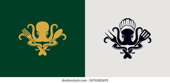 Octopus logo design holding spoon and fork, seafood restaurant bistro logo vector illustration