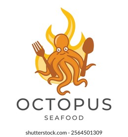 Octopus logo design, Seafood logo illustration template.