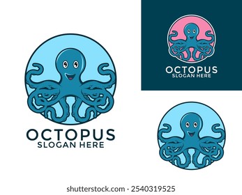 Octopus logo design template Premium Vector. Cute blue Octopus cartoon logo