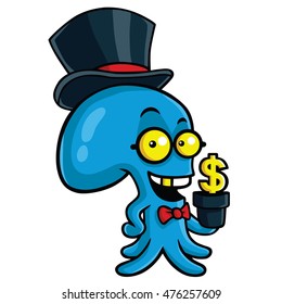 Octopus Logo. Filthy Rich Octopus Planting Money Cartoon Vector Character Design
