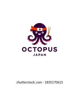 octopus logo. octopus icon with japan flag headband with chopsticks on the tentacle