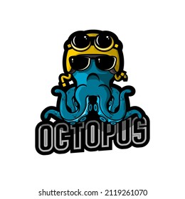 octopus logo illustration vector wearing helmet, octopus logo fun
