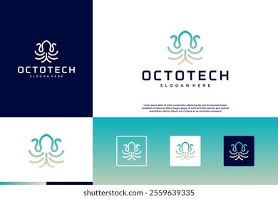 octopus logo with modern line art style, undersea, vector graphic design.