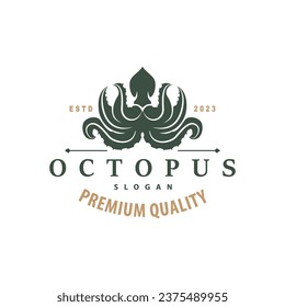 Octopus Logo, Old Retro Vintage Design Ocean Animal Vector Tentacle Illustration Template