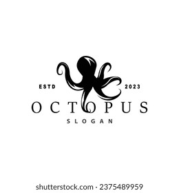 Octopus Logo, Old Retro Vintage Design Ocean Animal Vector Tentacle Illustration Template