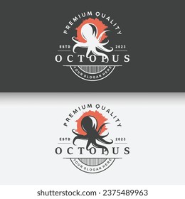 Octopus Logo, Old Retro Vintage Design Ocean Animal Vector Tentacle Illustration Template