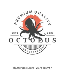 Octopus Logo, Old Retro Vintage Design Ocean Animal Vector Tentacle Illustration Template
