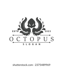 Octopus Logo, Old Retro Vintage Design Ocean Animal Vector Tentacle Illustration Template