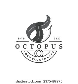Octopus Logo, Old Retro Vintage Design Ocean Animal Vector Tentacle Illustration Template