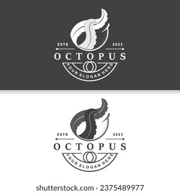 Octopus Logo, Old Retro Vintage Design Ocean Animal Vector Tentacle Illustration Template