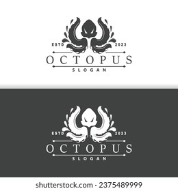 Octopus Logo, Old Retro Vintage Design Ocean Animal Vector Tentacle Illustration Template