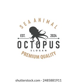 Octopus Logo, Old Retro Vintage Design Ocean Animal Vector Tentacle Illustration Template