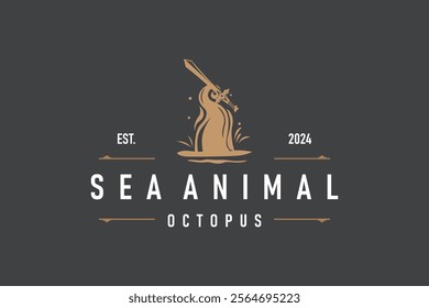 Octopus Logo Old Retro Vintage Design Ocean Animal Vector Tentacle Illustration Template