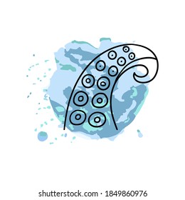 Octopus logo. Promotional sea food sticker, website banner in blue and black colors, trendy watercolor abstract background and silhouette, discount product emblem, marketing badge vector poster