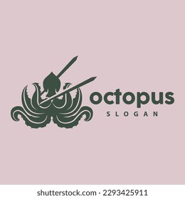 Octopus Logo, Sea Animals Vector, Seafood Ingredients Cuttlefish Tentacles Icon Silhouette Design