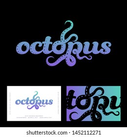 Octopus logo. Seafood restaurant logo. Lettering composition with letters like octopus tentacles. Business card.