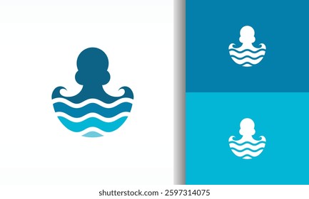 Octopus Logo with Waves Modern Marine Design